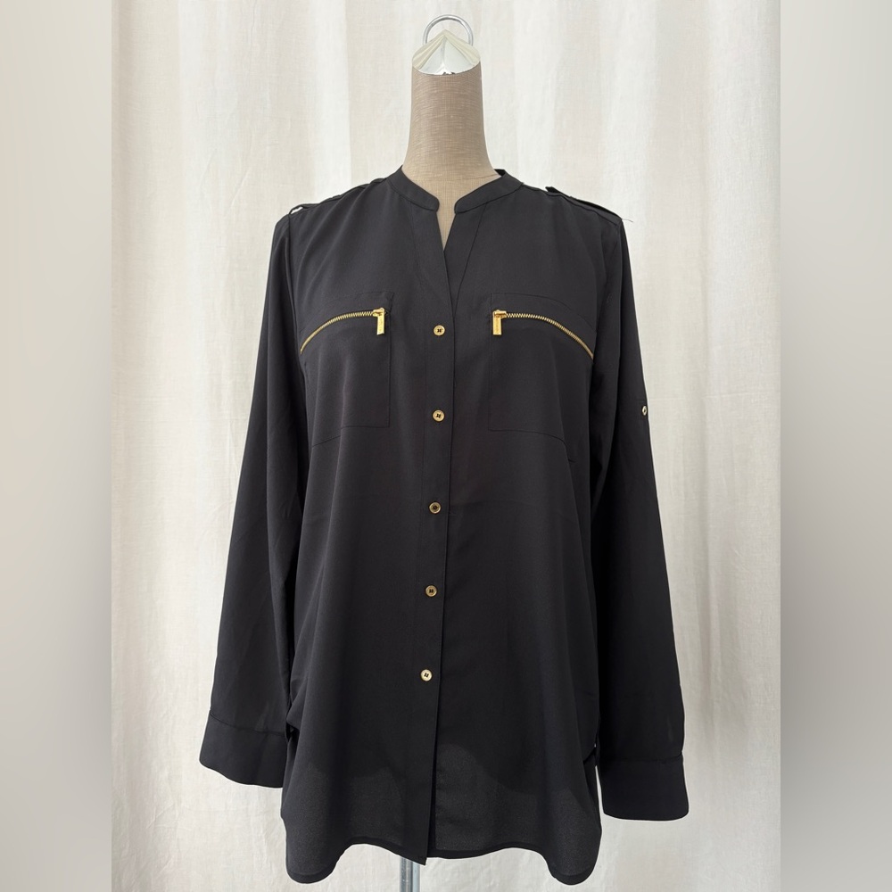 CALVIN KLEIN Black Button Down Blouse with Gold Accents